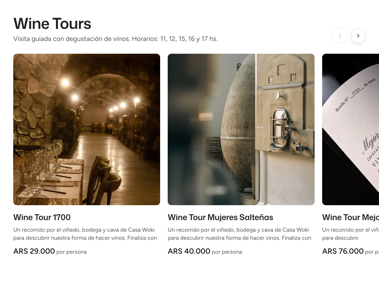 Wine tours publicados en el perfil de Woki, cada uno con su foto, su descripción y su precio