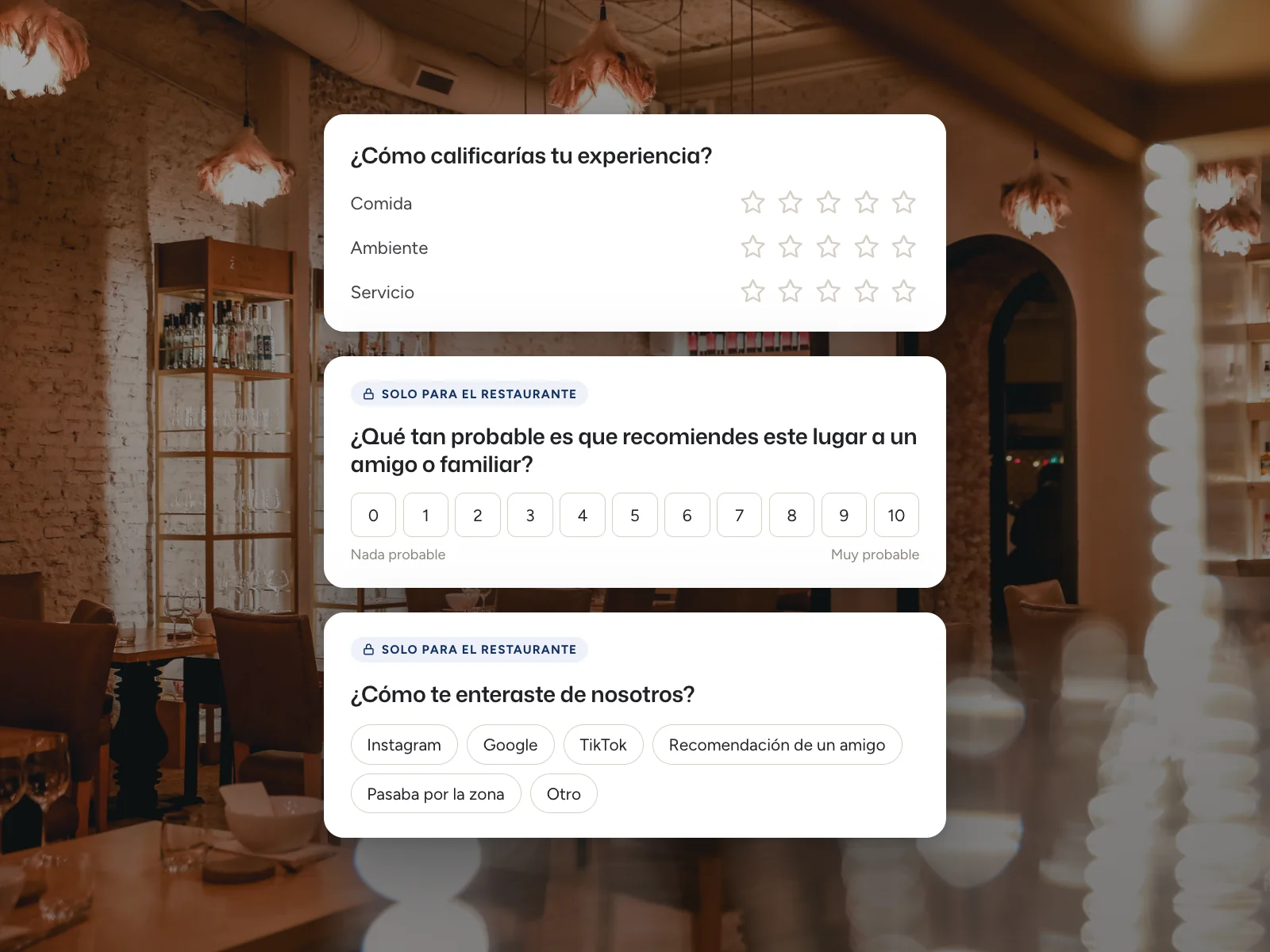 Preguntas de la encuesta post visita configuradas en Woki, con las que ve el comensal y las internas del equipo