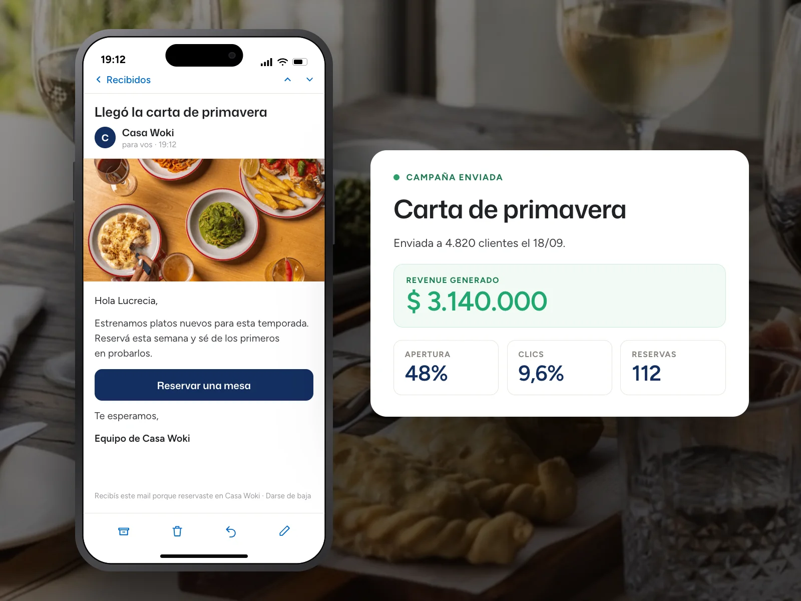 Campaña de Woki vista en el celular del comensal, junto a los resultados del envío: aperturas, clics y facturación generada