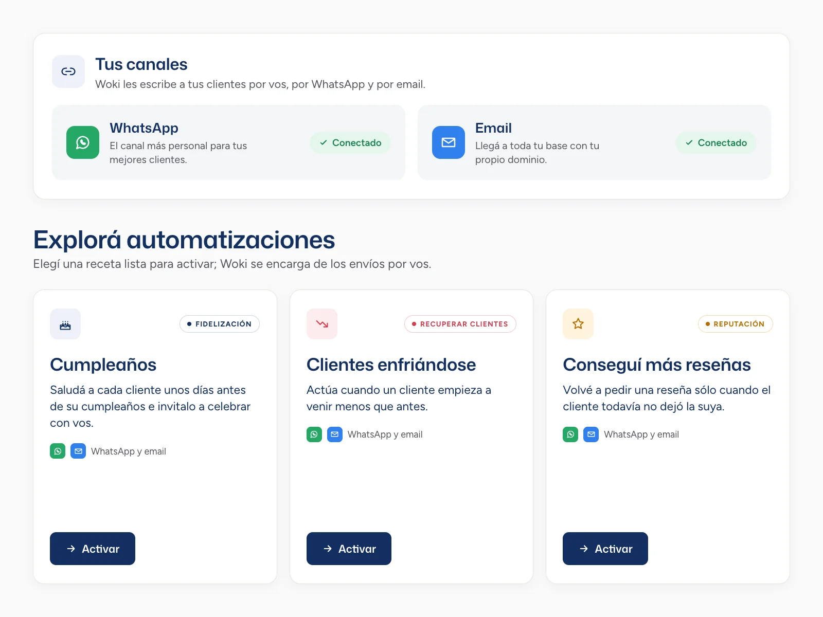 Canales de WhatsApp y de email conectados en Woki, con las automatizaciones disponibles para activar