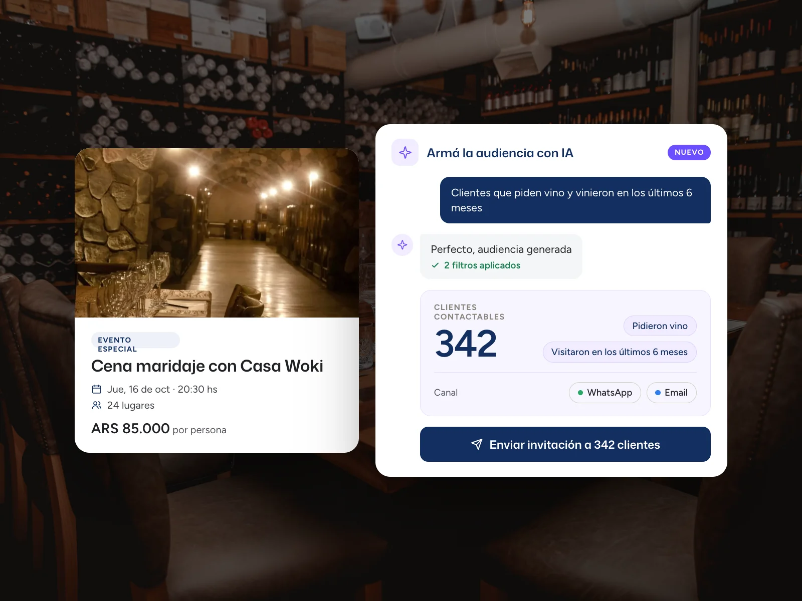 Evento cargado en Woki con la audiencia generada por IA para invitar a los comensales que más encajan