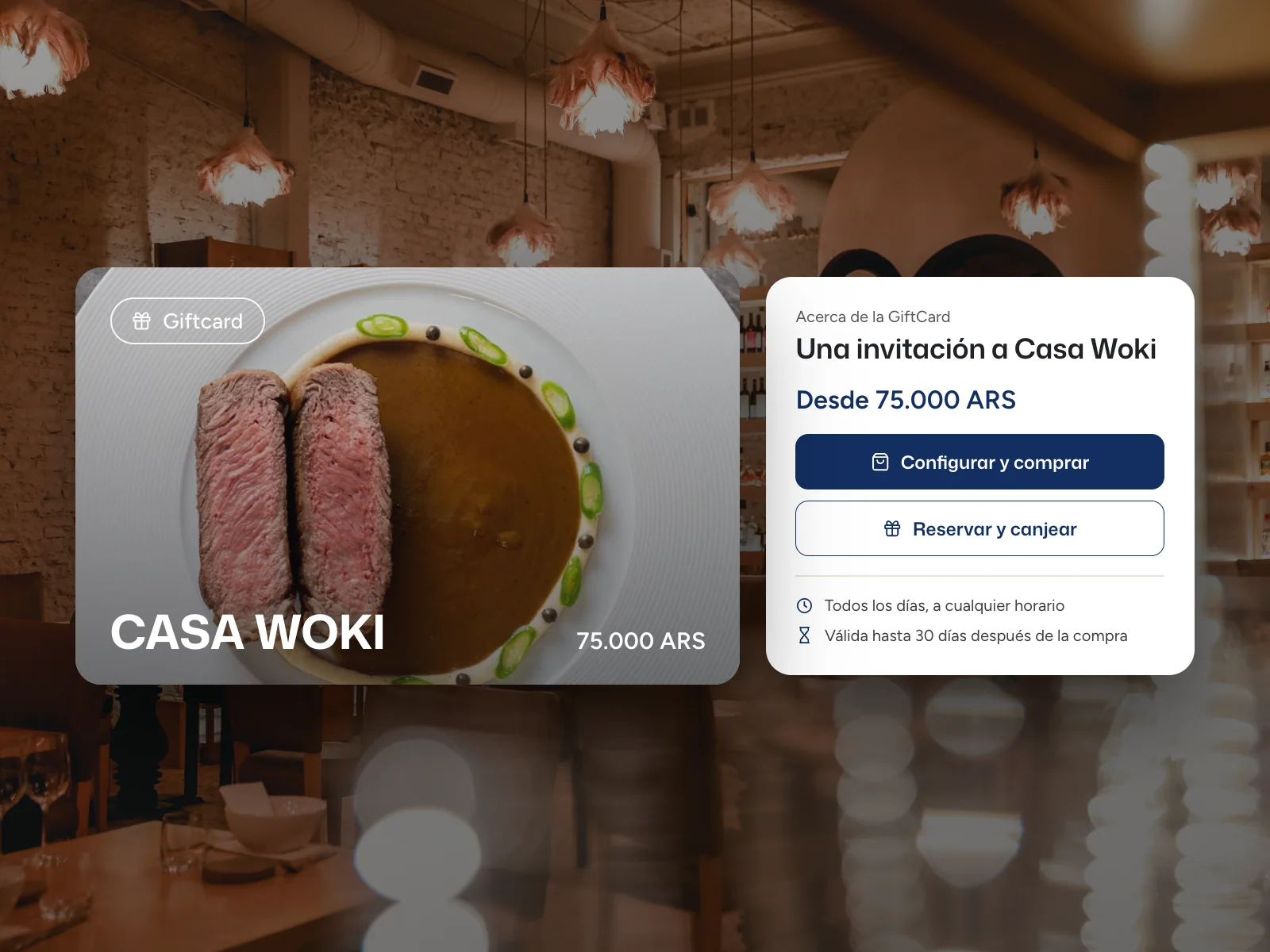 Gift card de un restaurante en Woki vista por el comensal, con el logo del local, el monto y las opciones para usarla